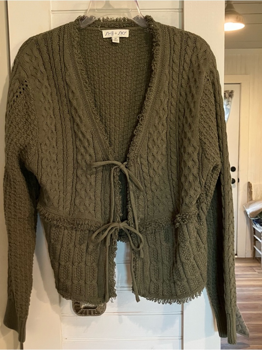 She + Sky Olive Green Cable Tie-Front Cardigan Sweater